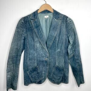 Illia Denim Leather Blazer Sz 8 Blue Suede Denim Look Indie Sleaze Y2K Eclectic